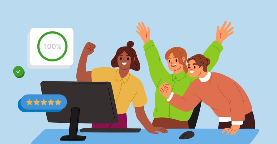 3 key team members standing behind a computer screen cheering about personalized learning