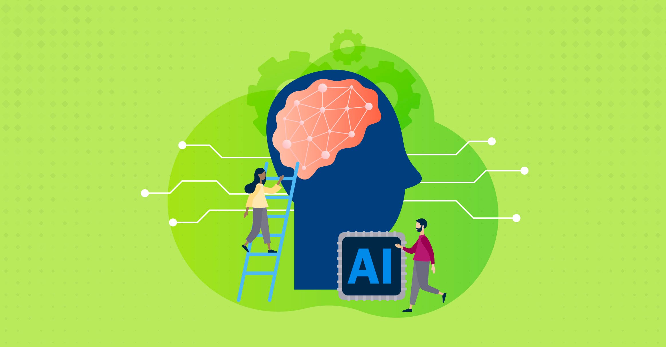 a head with a brain a a women climbing and a man holding an artificial intelligence sign